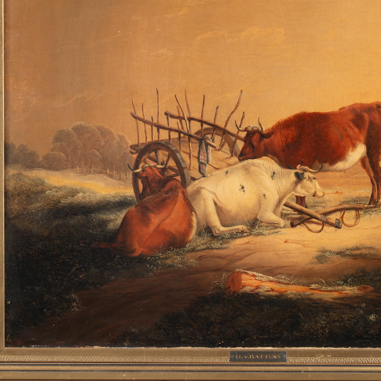 Anglais Peinture originale de paysage à l'huile sur toile représentant des vaches et une charrette, vers 1870-90 en vente