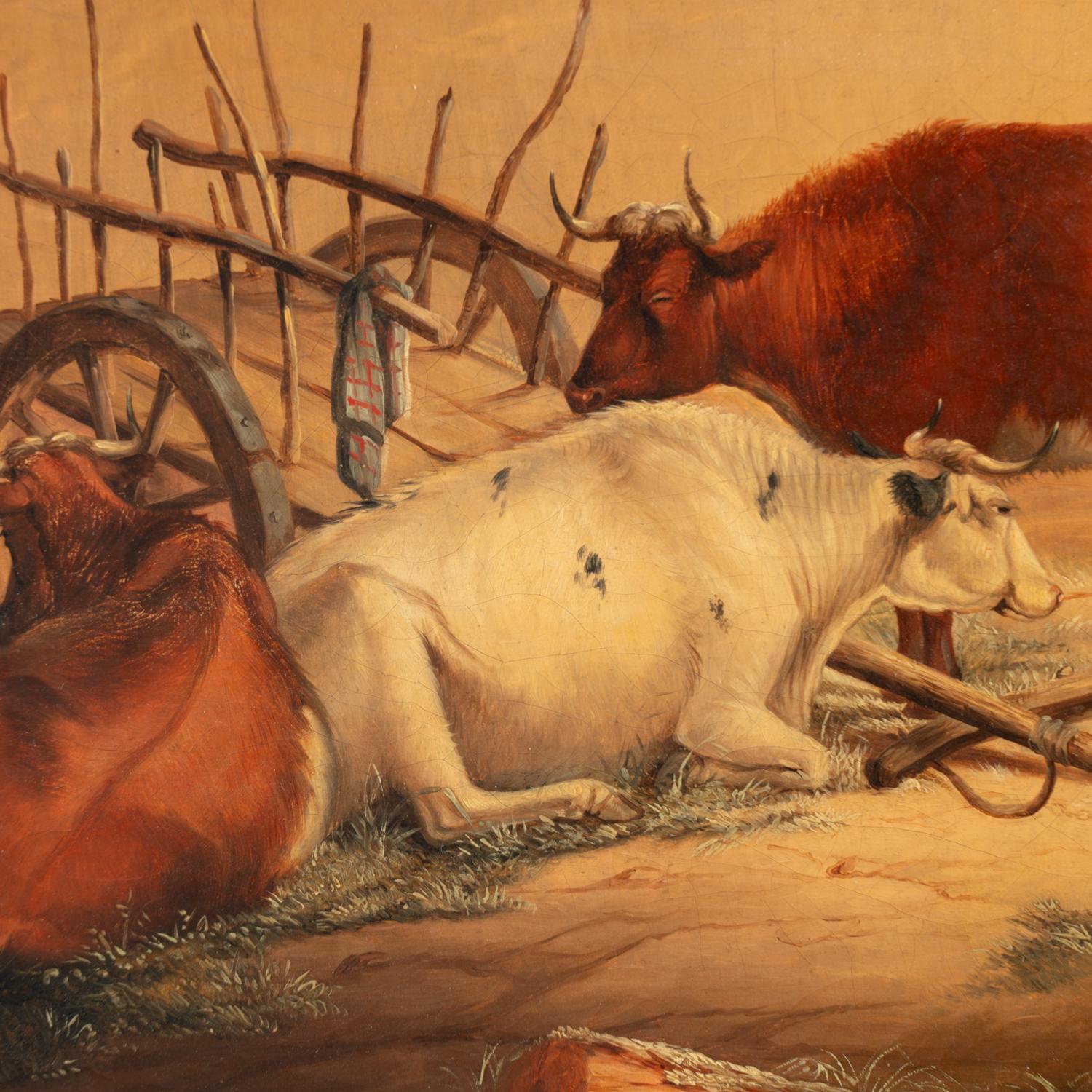 Peinture originale de paysage à l'huile sur toile représentant des vaches et une charrette, vers 1870-90 Bon état - En vente à Round Top, TX