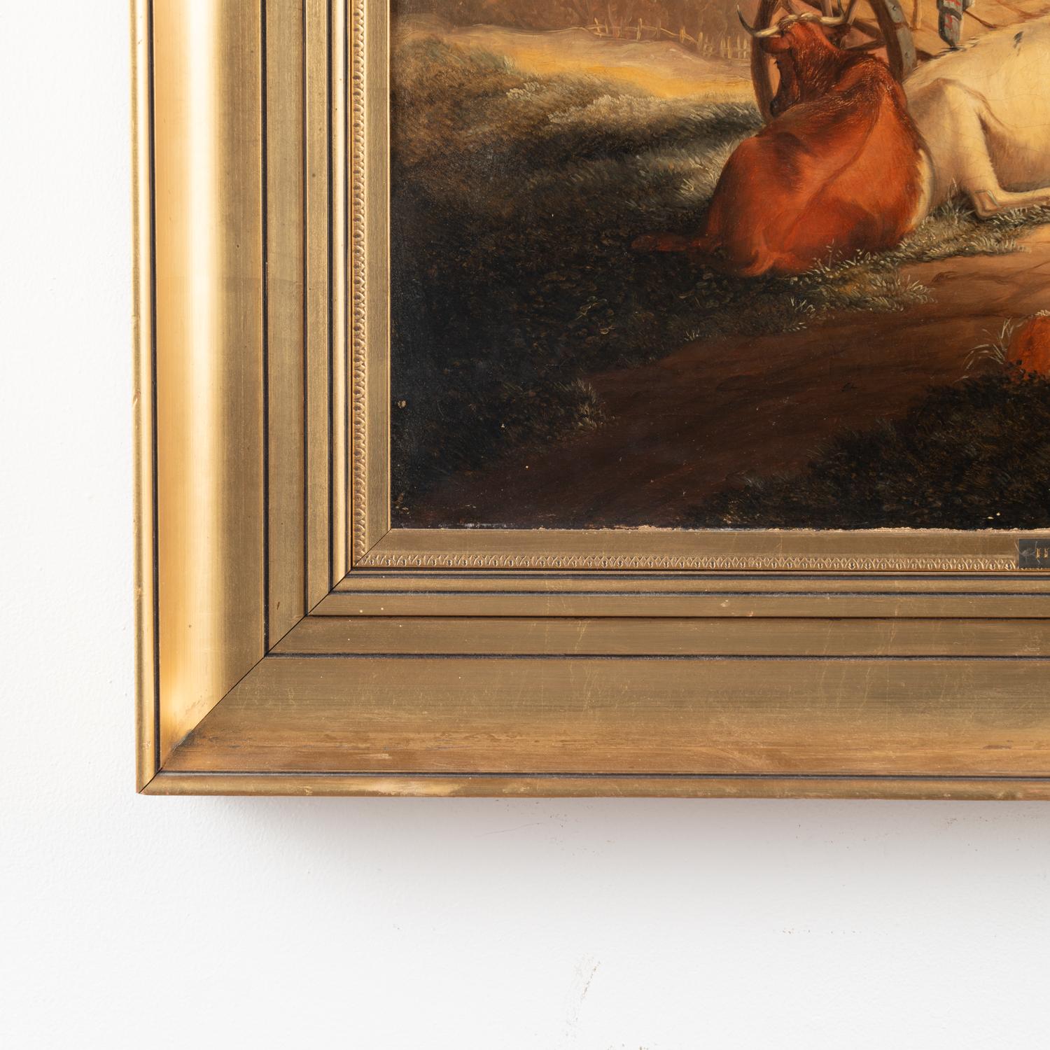 Toile Peinture originale de paysage à l'huile sur toile représentant des vaches et une charrette, vers 1870-90 en vente