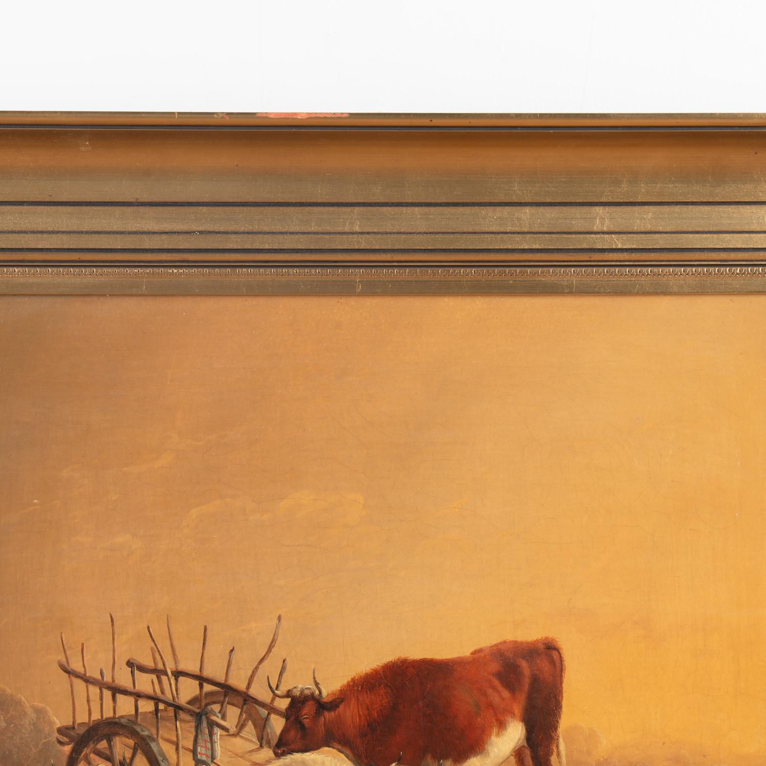 Peinture originale de paysage à l'huile sur toile représentant des vaches et une charrette, vers 1870-90 en vente 1