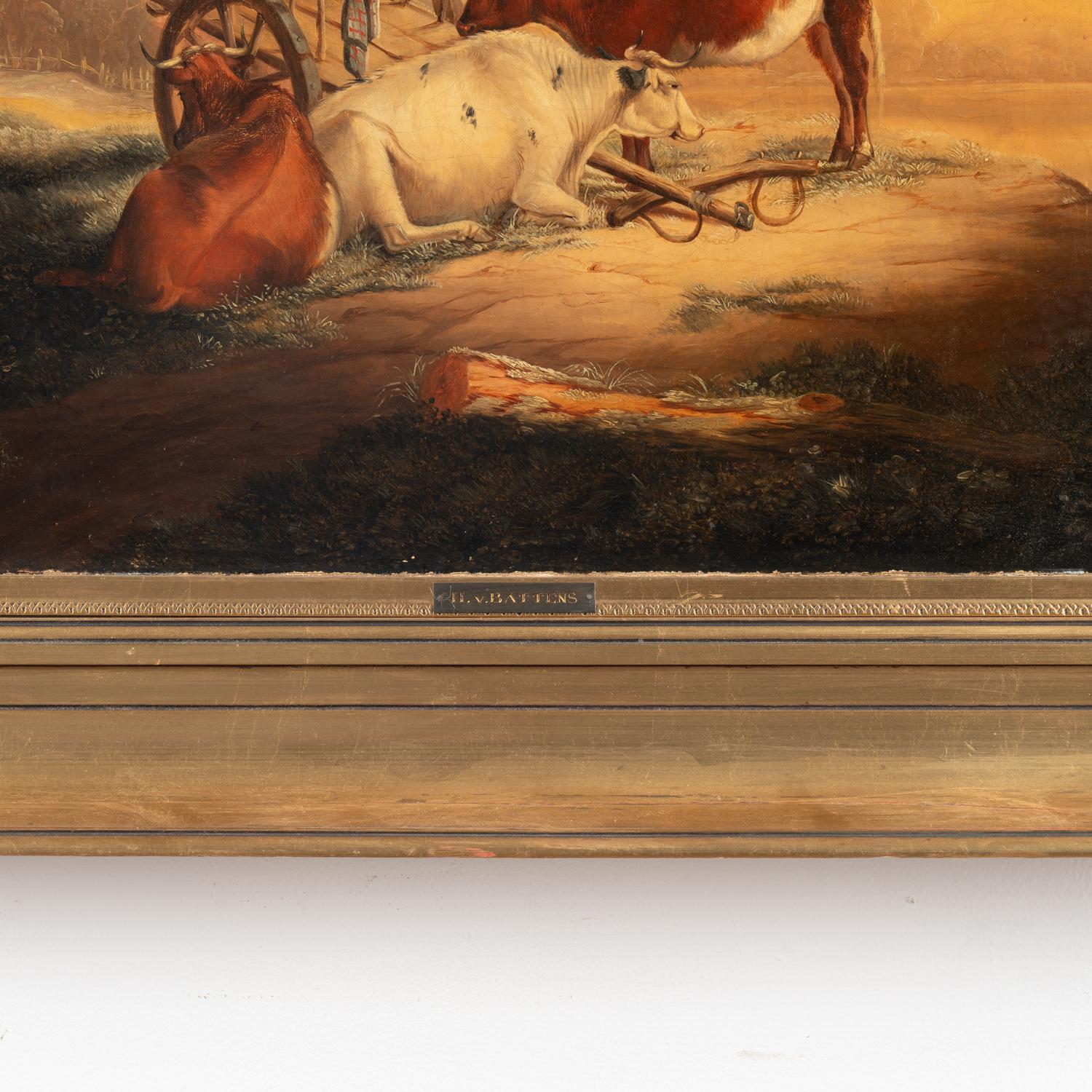 Peinture originale de paysage à l'huile sur toile représentant des vaches et une charrette, vers 1870-90 en vente 2