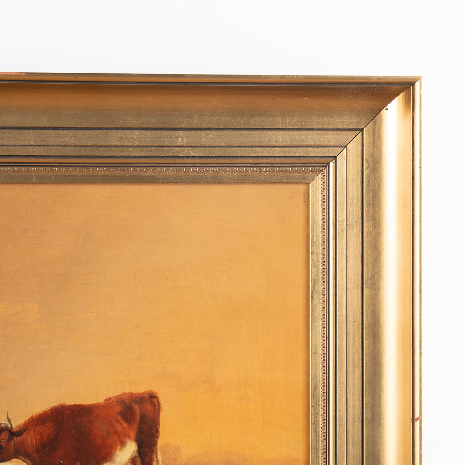 Peinture originale de paysage à l'huile sur toile représentant des vaches et une charrette, vers 1870-90 en vente 3