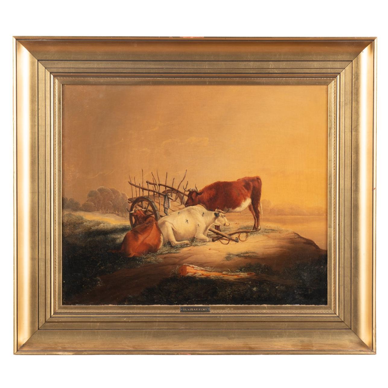 Peinture originale de paysage à l'huile sur toile représentant des vaches et une charrette, vers 1870-90 en vente