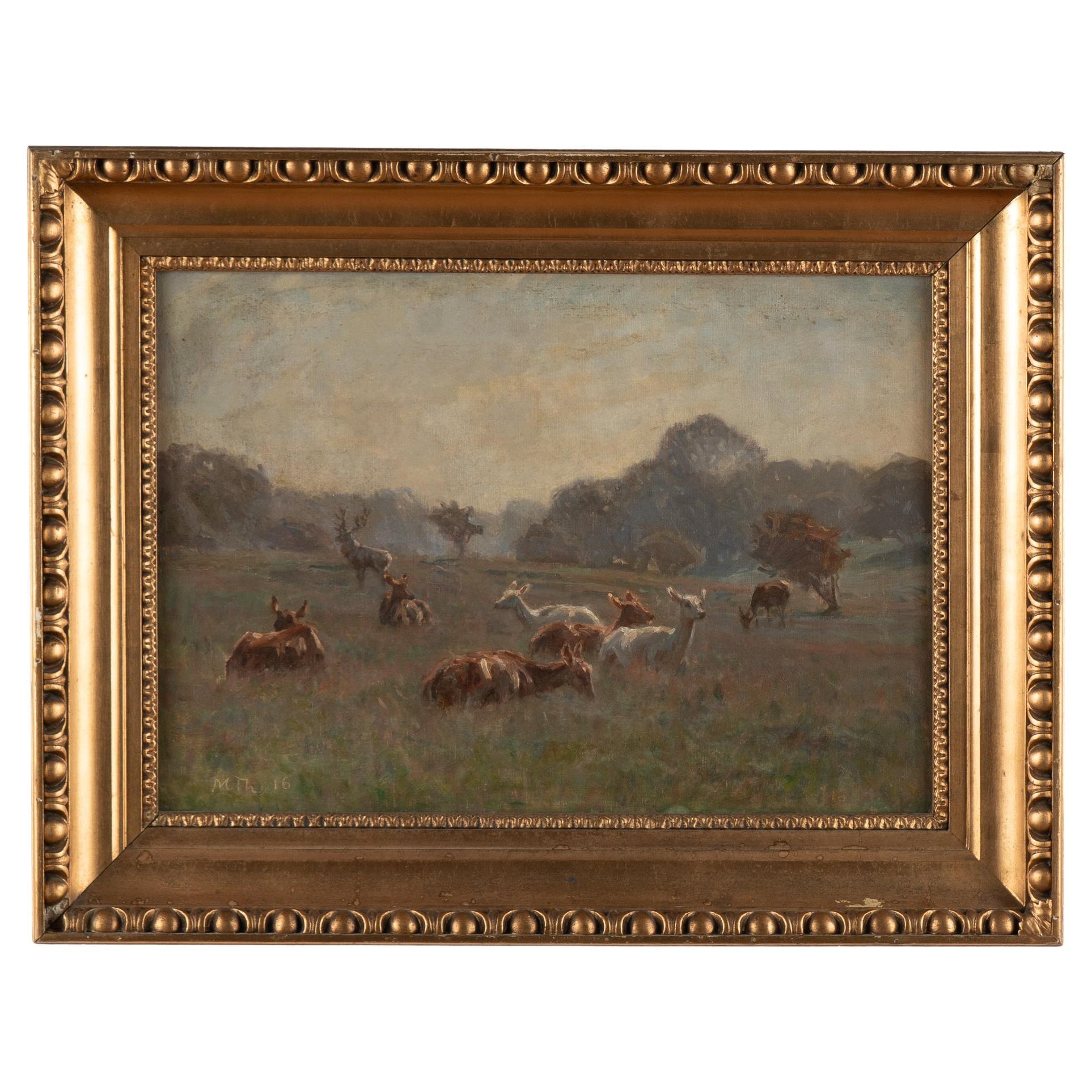 Original Oil on Canvas Landscape Painting of Deer in Field, signed and ...