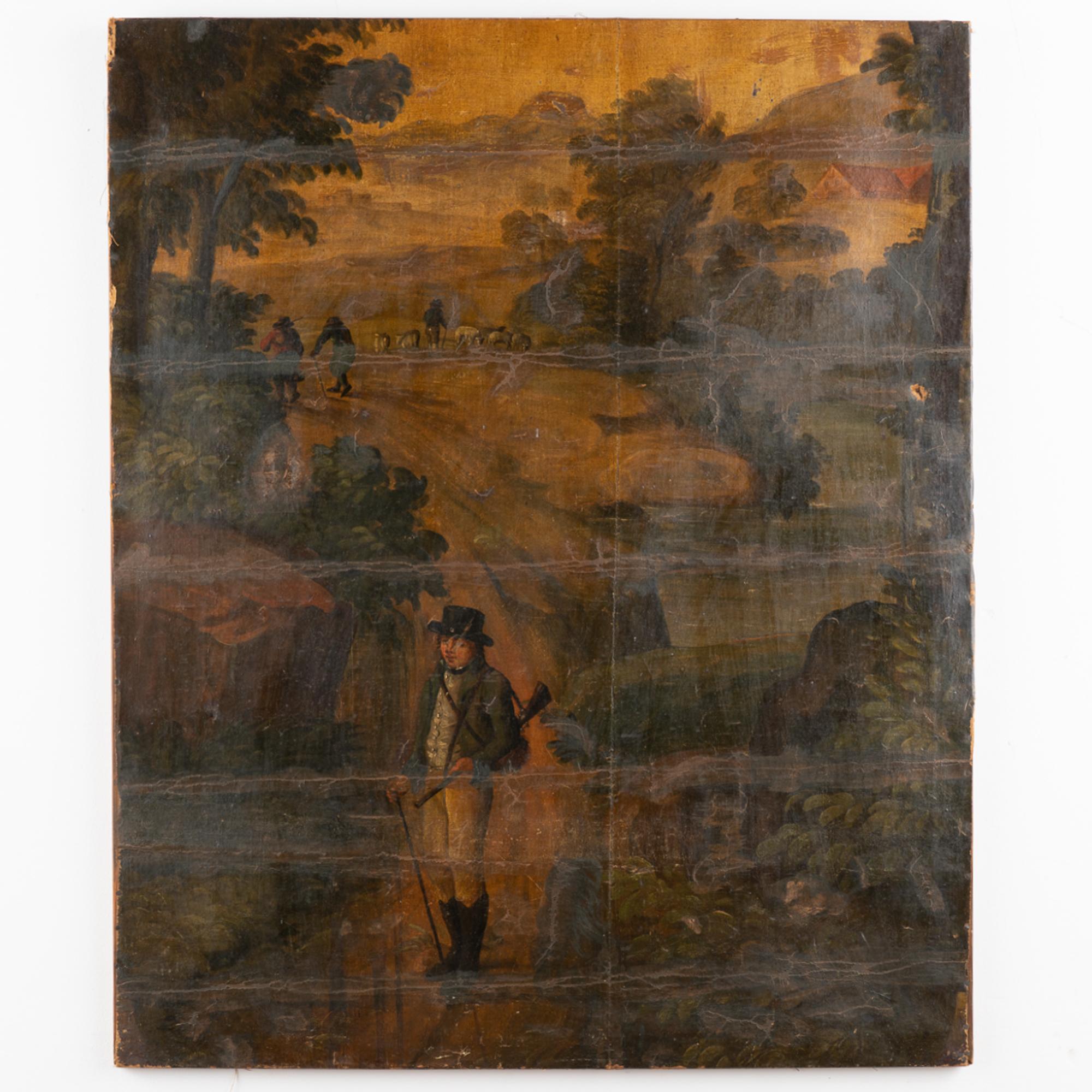 This original oil on canvas landscape painting has a primitive appeal. Note the figures including hunter with gun in foreground and shepherd with sheep in background.
Unknown artist. No frame.
Condition: has folds in canvas, holes, cracquelure and