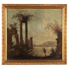 Antique Original Oil on Canvas Landscape Painting with Ruins, Italy circa 1800's