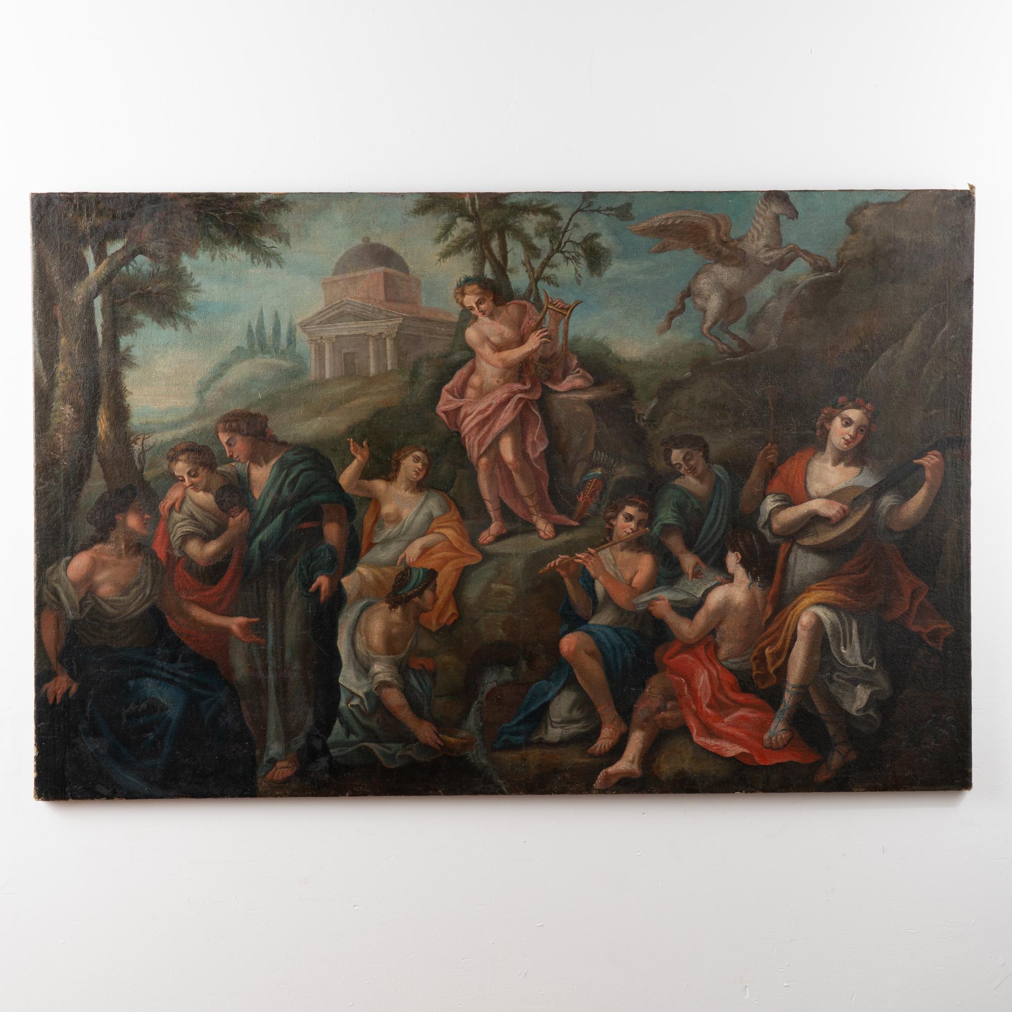 Original large oil on canvas allegorical scene from Italy with vivid colors. Note the Pegasus, ten figures, and use of lute, lyre and flute. 
Condition: Age related craquelure throughout, minor peelings, loss etc. Canvas may benefit from light