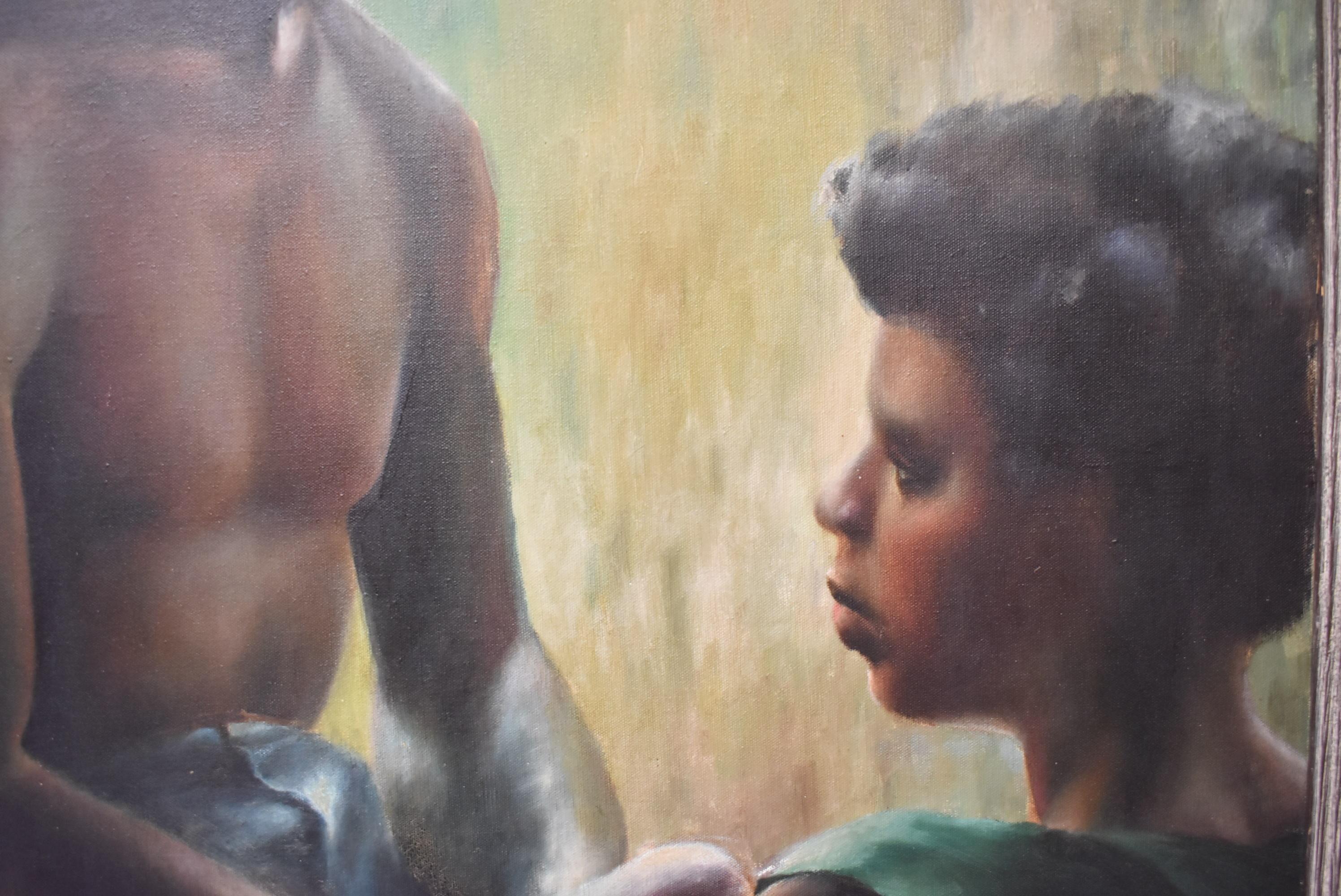 Original oil on canvas by Michigan artist Russell Steinke. Depicting shadowed man and woman deep in thought.