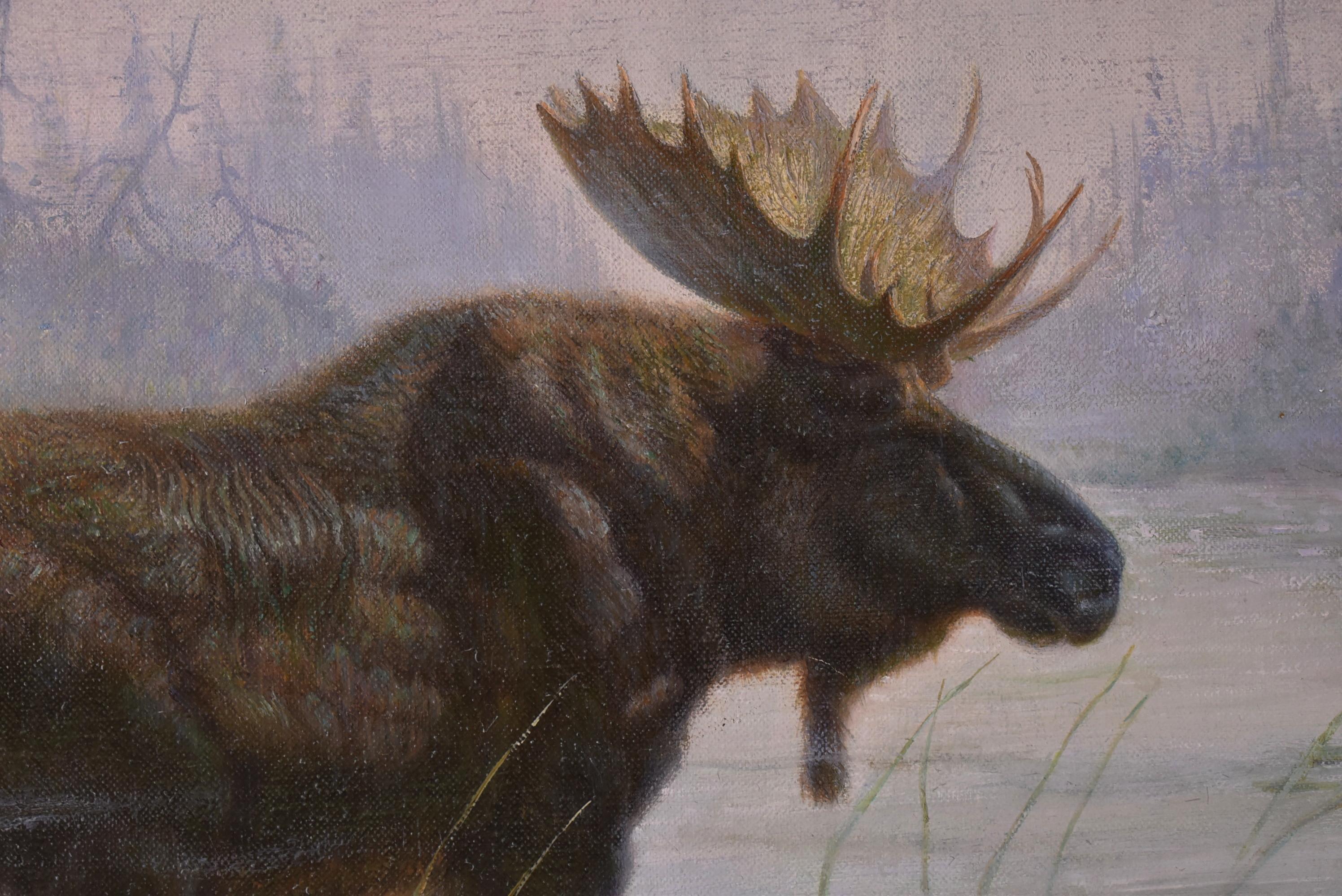 Modern Original Oil on Canvas Moose & Hunter by Gregory Perillo