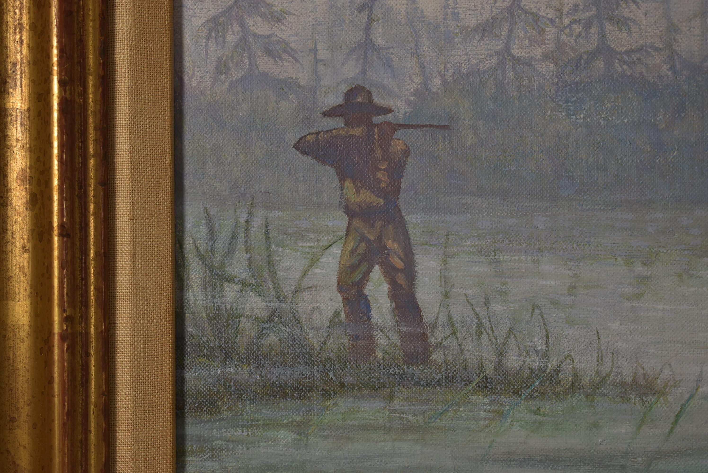 North American Original Oil on Canvas Moose & Hunter by Gregory Perillo