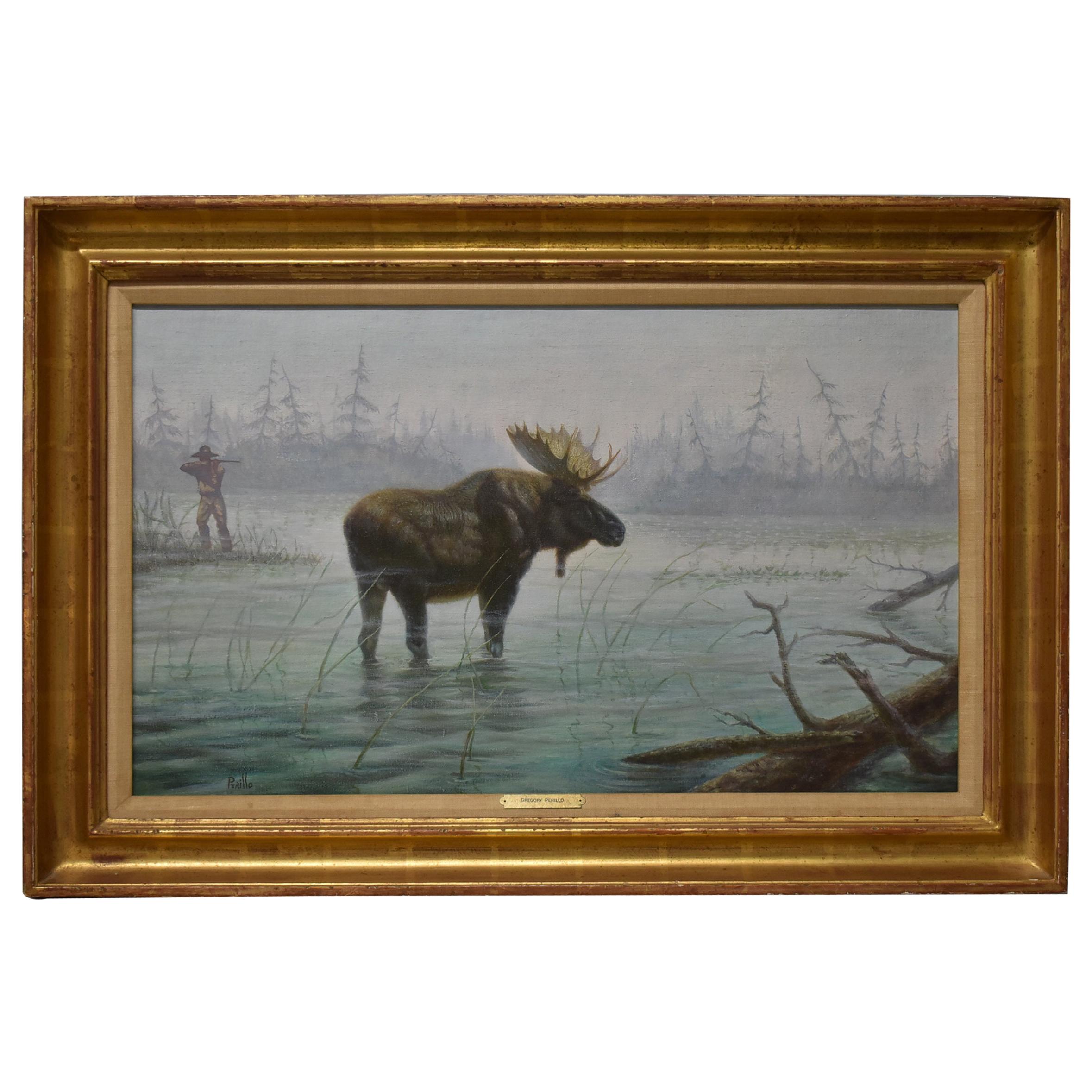 Original Oil on Canvas Moose & Hunter by Gregory Perillo