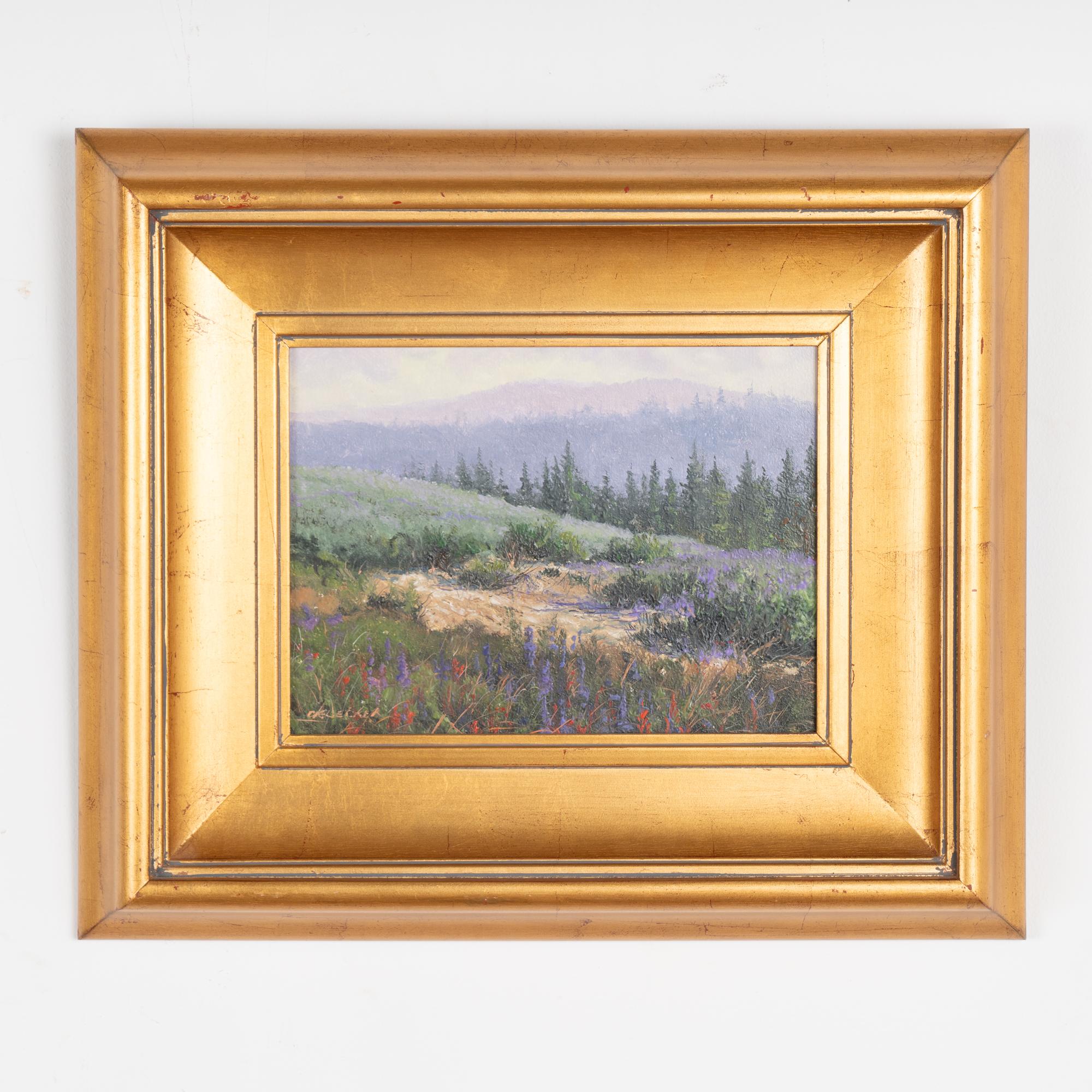 Delightful small landscape oil on canvas painting with flowers in foreground, dried river bed, pine trees and mountain in background.
