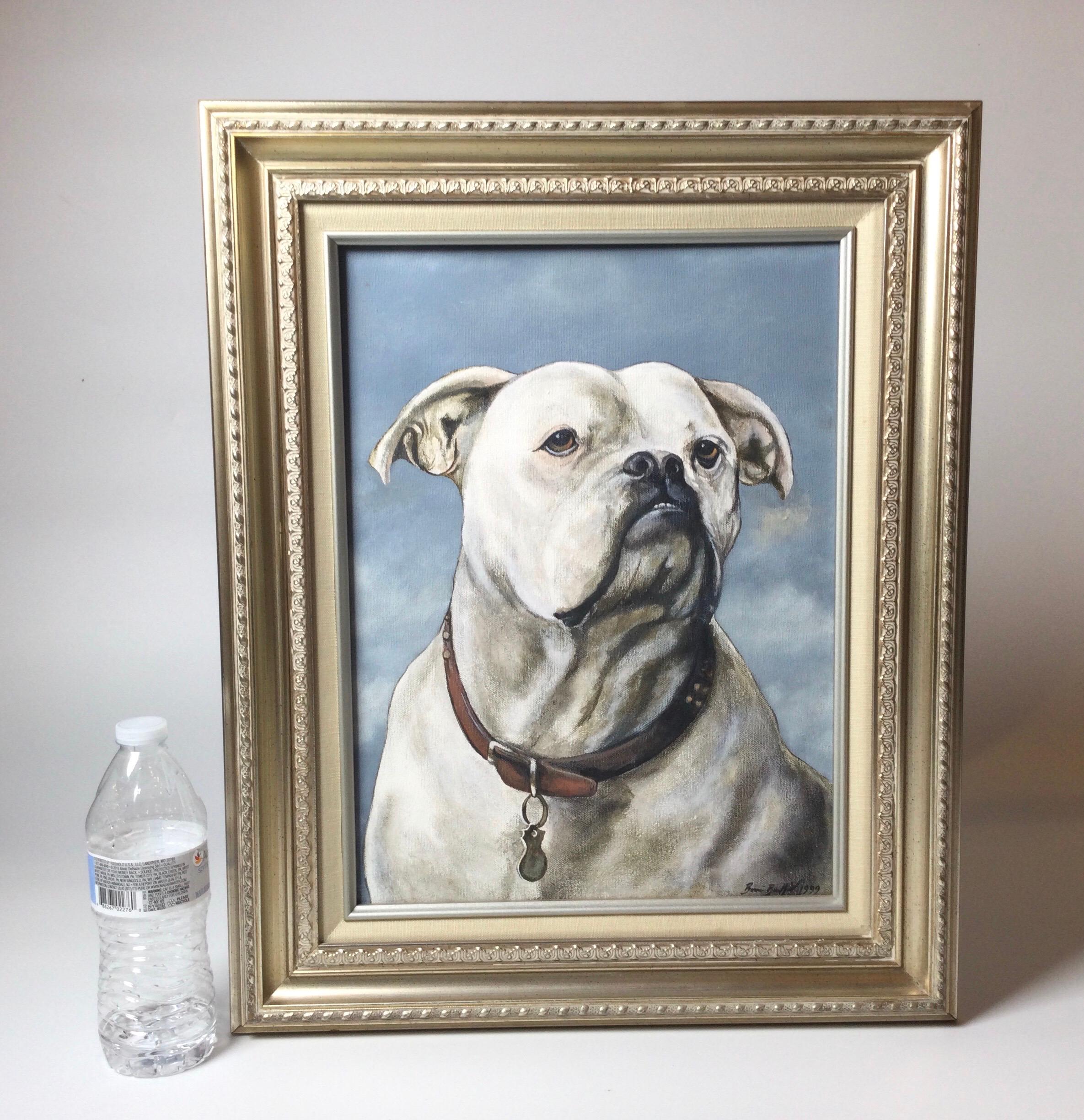 Great oil on canvas of a bull dog in silver gilt frame. Excellent condition artist signed on lower right and dated 1999.