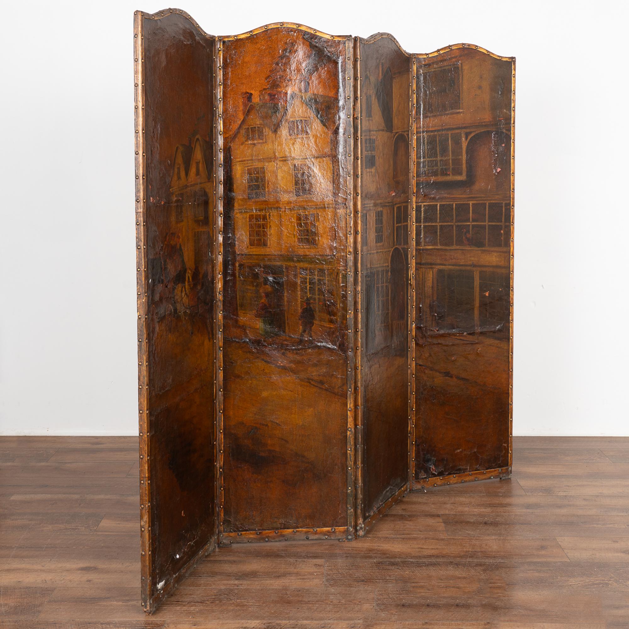 Original oil on canvas painted panels form this impressive baroque style folding screen from the early 1900's.
A city street scene with horse drawn carriage and lady walking along sidewalk. Backside is black with gold trim.

Wear commensurate with