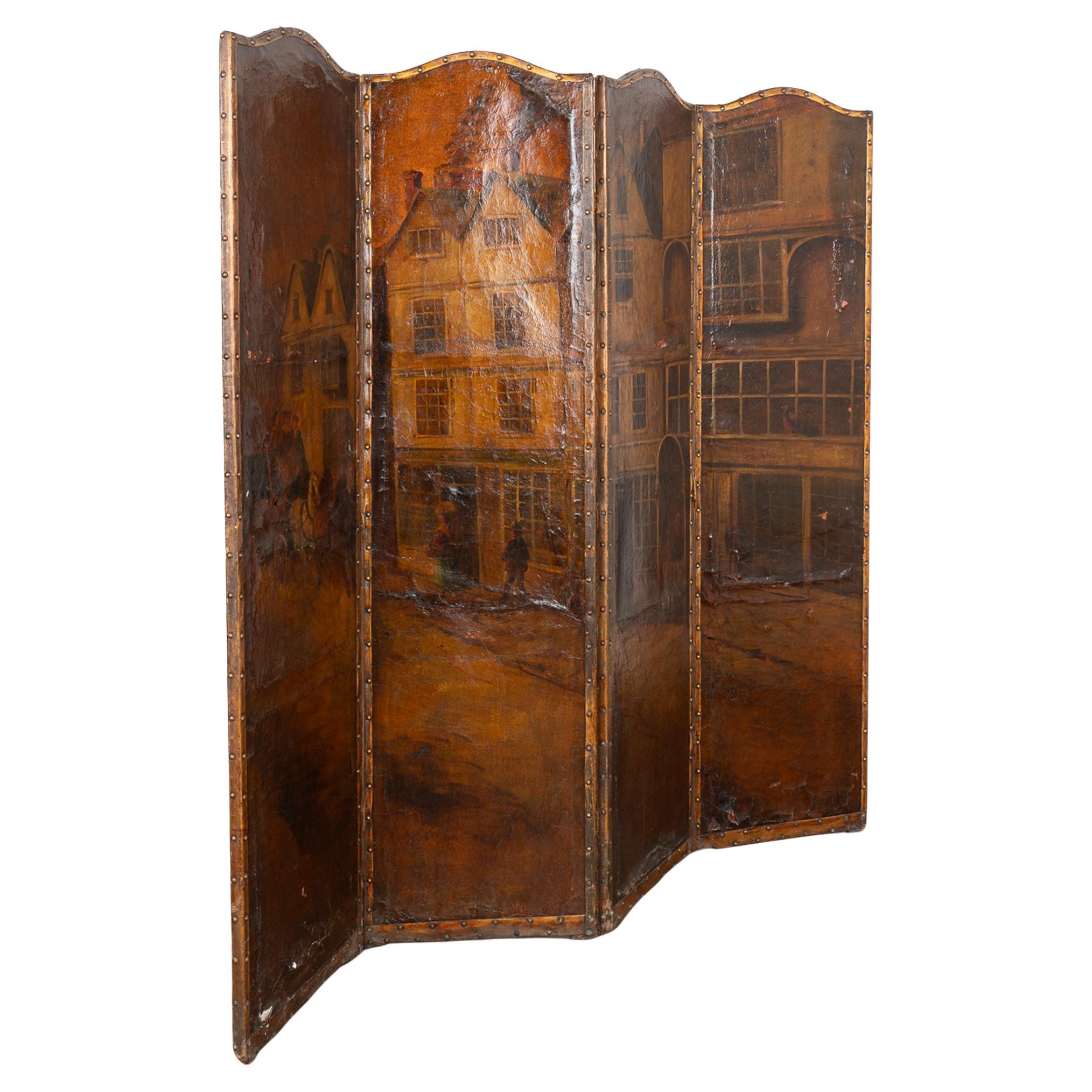 Original Oil on Canvas Painted 4 Panel Screen Room Divider England circa 1900-20 For Sale