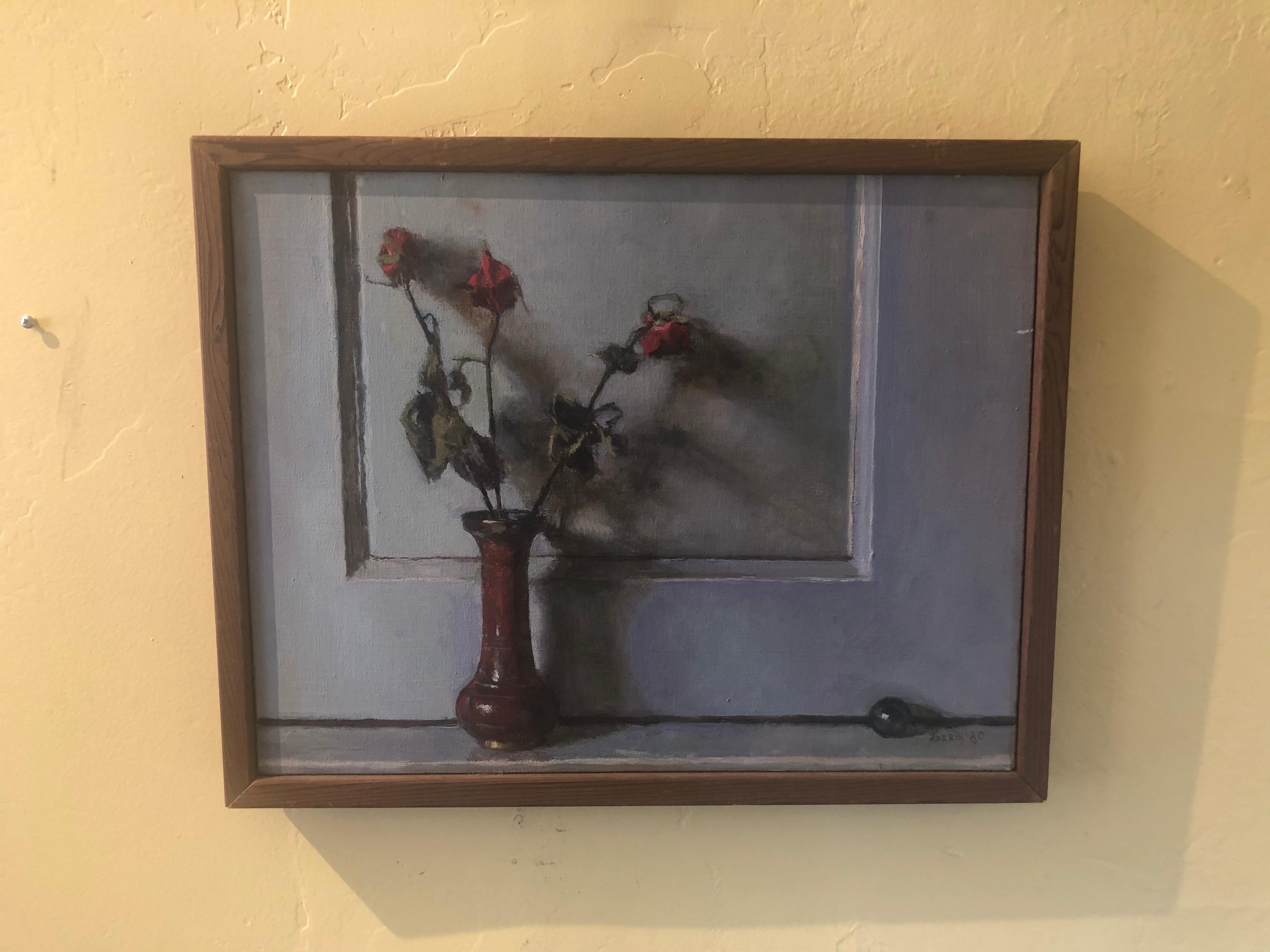 Original oil on canvas painting by listed American artist Doug Ferrin, circa 1990s. The piece is custom framed in a thin rustic wood frame that gives the piece a lot of character. The canvas is 18