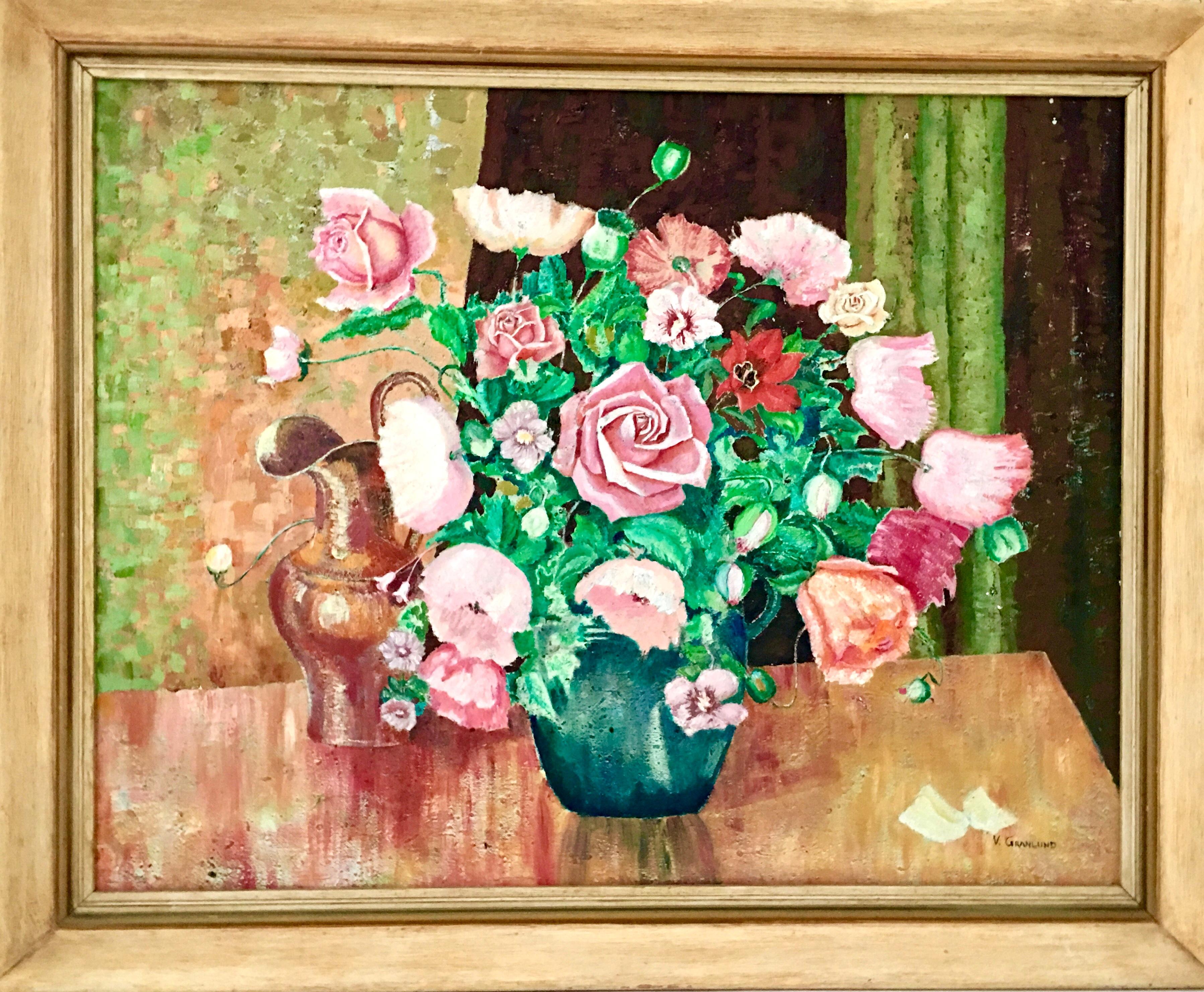 20th Century Original Oil On Canvas Painting By, V. Granland. This still life work of art features a textured technique and depicts a vase of flowers on a table executed in bright green, pink and coral.  Artist signed lower right, V. Granland. 