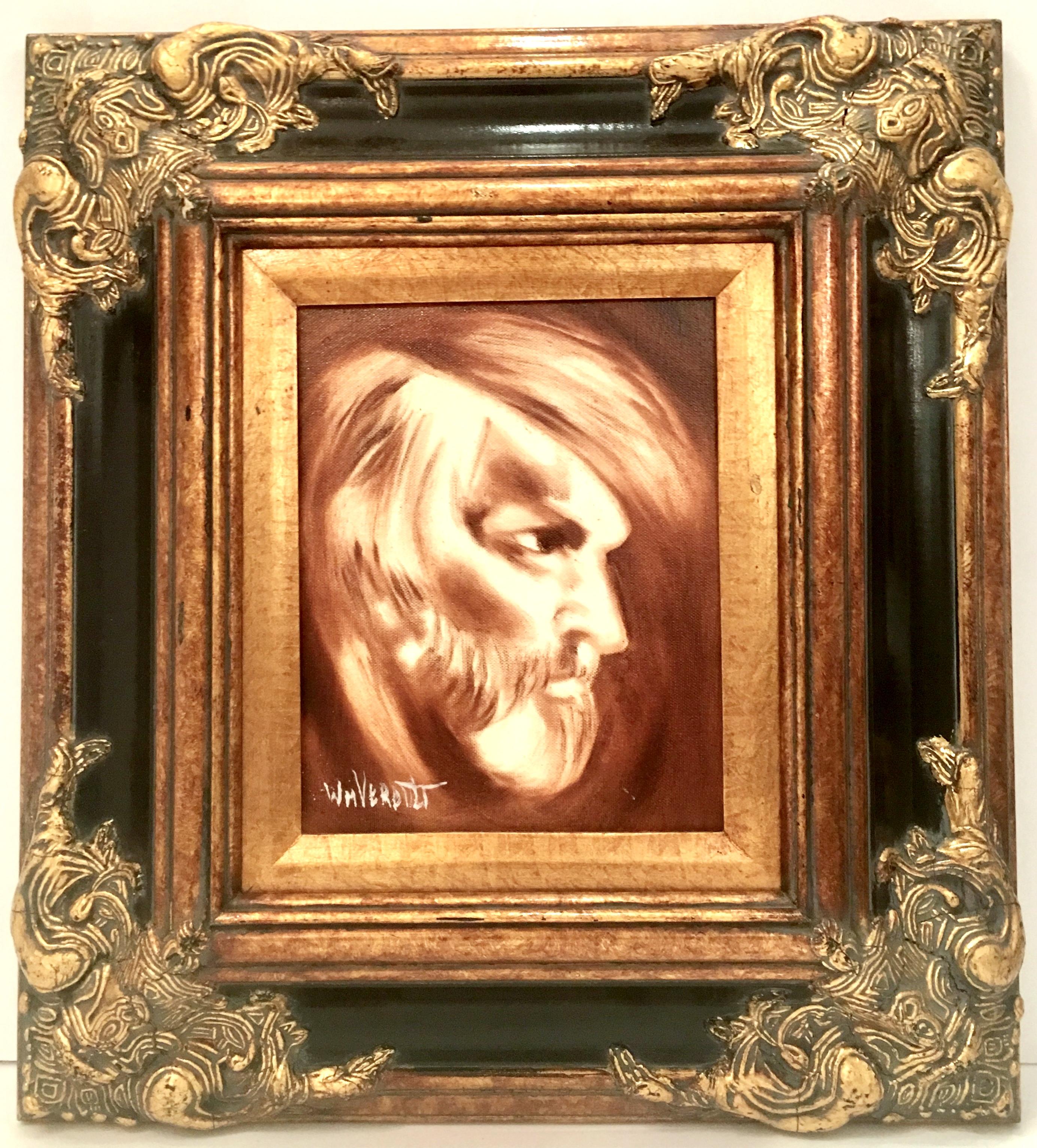 20th Century Original Oil On Canvas painting by, William Verdult. Untitled Bearded Male Portrait, features a monochromatic palette. Framed in a hand-carved gilt wood gold and black frame. Untitled bearded male portrait by, William J. Verdult, signed