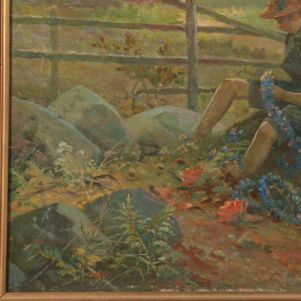  Original Oil on canvas Painting; Children Making Flower Garlands, circa 1920  In Good Condition In Round Top, TX