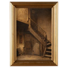 Original Oil on Canvas Painting of Backyard Staircase signed by Harry Kluge 1936