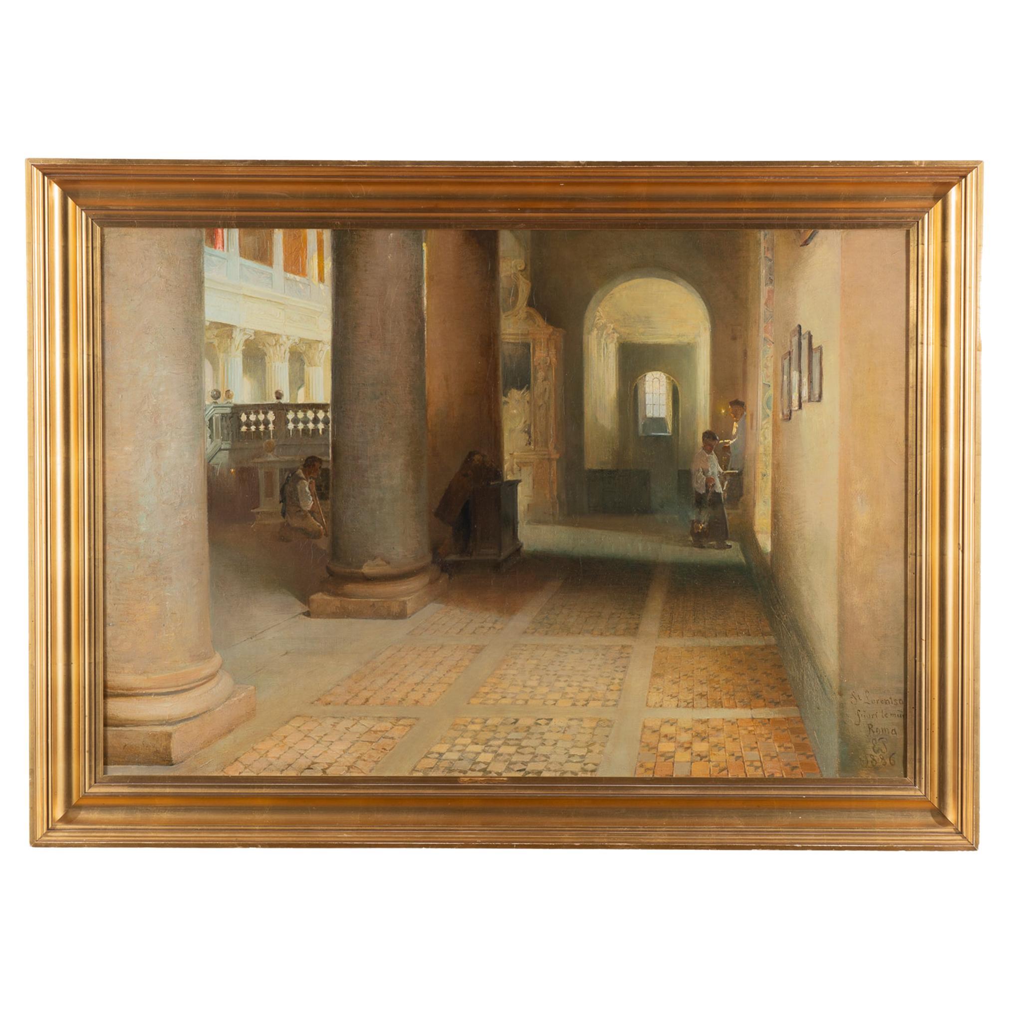 Peinture à l'huile originale sur toile de la basilique de San Lorenzo, Edvard Petersen 1886 en vente