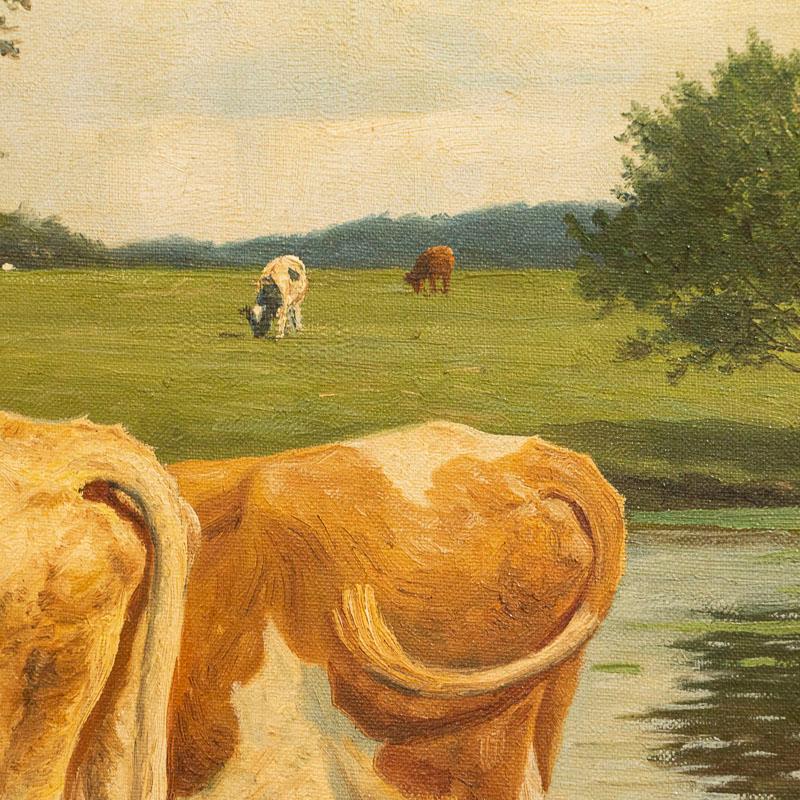 Original Oil on Canvas Painting of Boy w/Cows in Pasture, Signed Poul Steffensen 5
