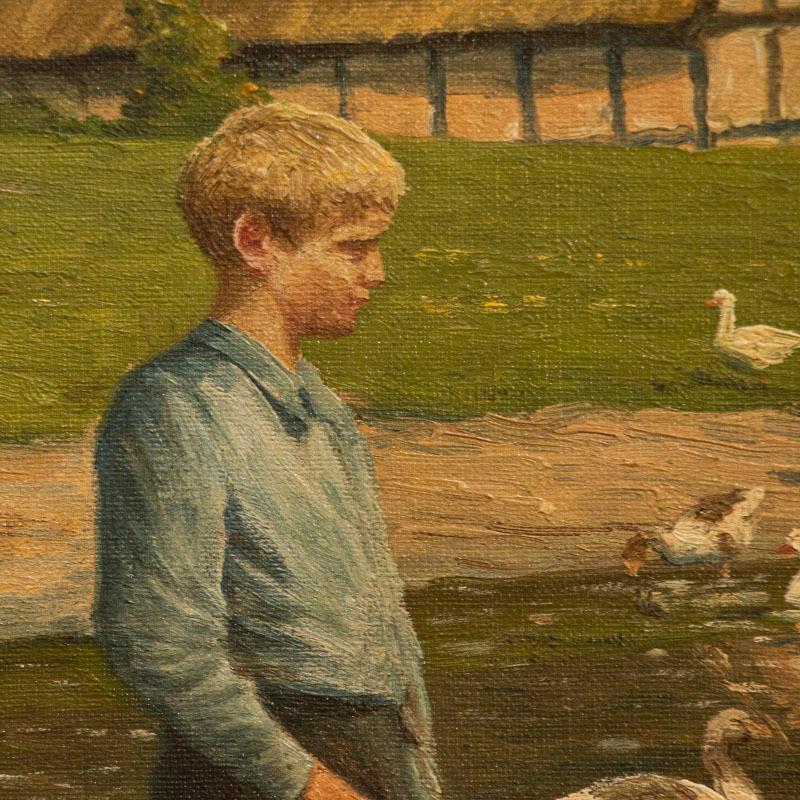 20th Century Original Oil on Canvas Painting of Boy w/Cows in Pasture, Signed Poul Steffensen