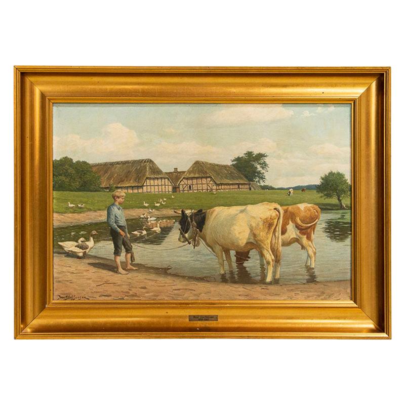 Original Oil on Canvas Painting of Boy w/Cows in Pasture, Signed Poul Steffensen