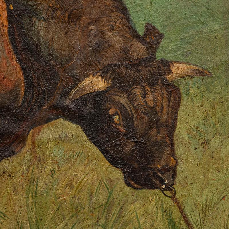 Danish Original Oil on Canvas Painting of Bull in Field, Signed Gunnar L., Dated 1922