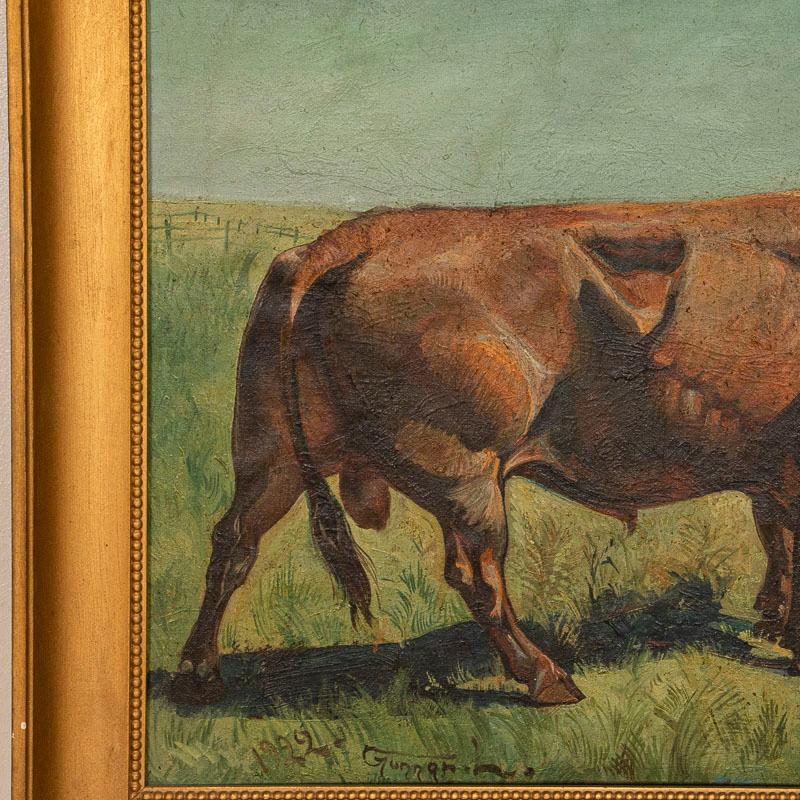 20th Century Original Oil on Canvas Painting of Bull in Field, Signed Gunnar L., Dated 1922