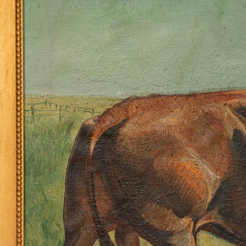 Original Oil on Canvas Painting of Bull in Field, Signed Gunnar L., Dated 1922 1