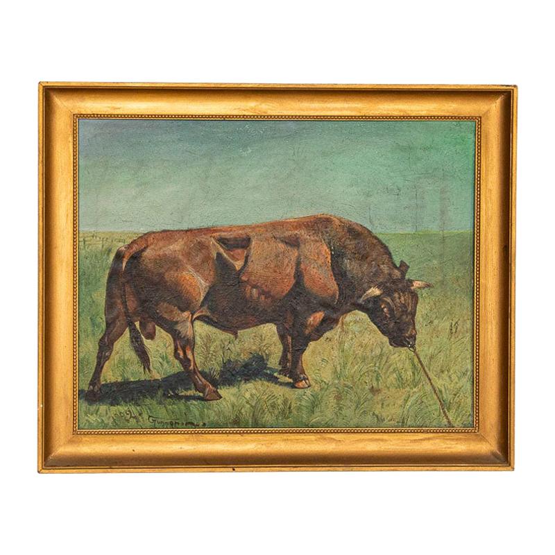 Original Oil on Canvas Painting of Bull in Field, Signed Gunnar L., Dated 1922