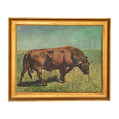 Original Oil on Canvas Painting of Bull in Field, Signed Gunnar L., Dated 1922