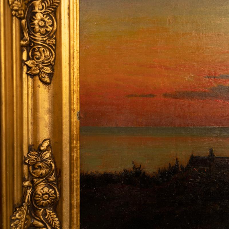 Peinture originale à l'huile sur toile d'un coucher de soleil côtier, signée et datée de 1918 par Albe en vente 4
