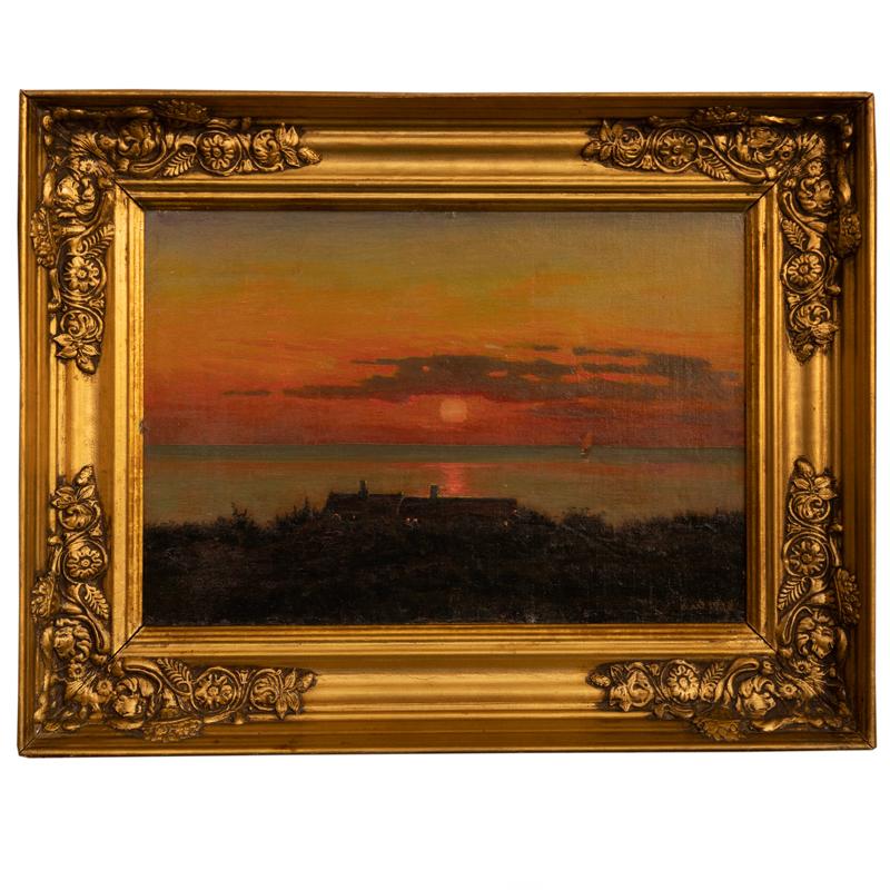 Original oil on canvas laid on board, coastal scene with vibrant sunset.
Signed and dated AW, 1918. 
Artist: Albert Wang (b. Horsens 1864, d. Hellerup 1930)
Condition: May benefit from surface cleaning. Minor retouches.
Please refer to
