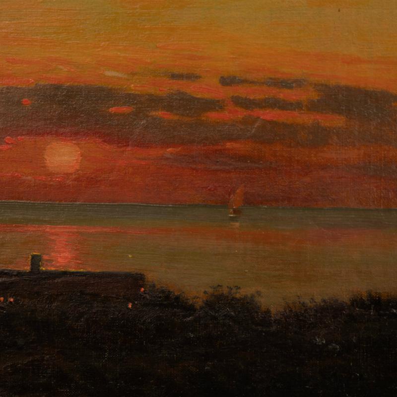 Peinture originale à l'huile sur toile d'un coucher de soleil côtier, signée et datée de 1918 par Albe Bon état - En vente à Round Top, TX