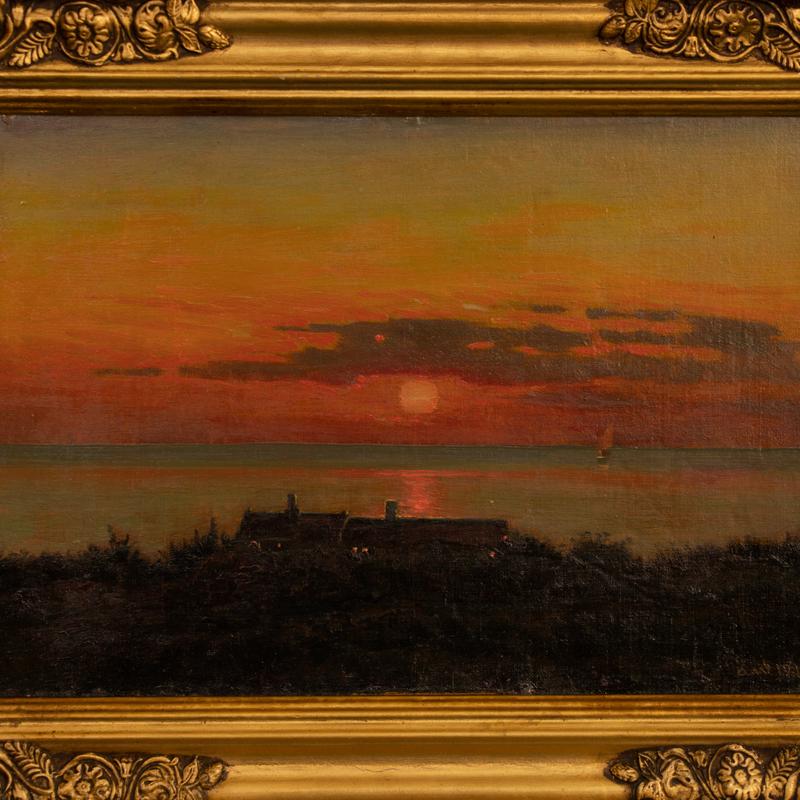 Peinture originale à l'huile sur toile d'un coucher de soleil côtier, signée et datée de 1918 par Albe en vente 1