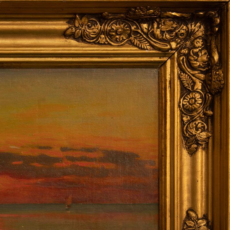 Peinture originale à l'huile sur toile d'un coucher de soleil côtier, signée et datée de 1918 par Albe en vente 2