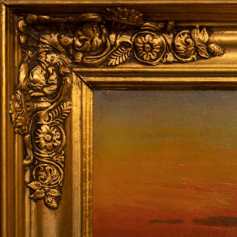 Peinture originale à l'huile sur toile d'un coucher de soleil côtier, signée et datée de 1918 par Albe en vente 3