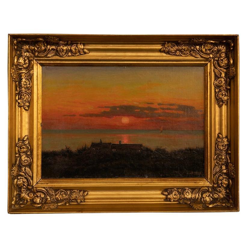 Peinture originale à l'huile sur toile d'un coucher de soleil côtier, signée et datée de 1918 par Albe en vente