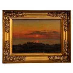 Peinture originale à l'huile sur toile d'un coucher de soleil côtier, signée et datée de 1918 par Albe