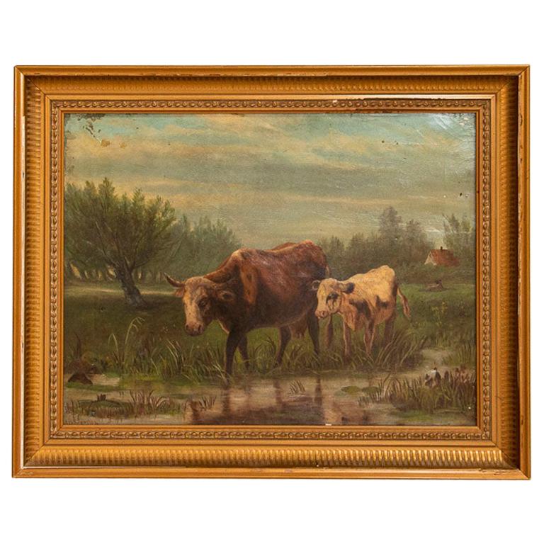 Original Oil on Canvas Painting of Cows at Pond, Signed a.B.Morgan
