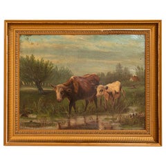 Antique Original Oil on Canvas Painting of Cows at Pond, Signed a.B.Morgan