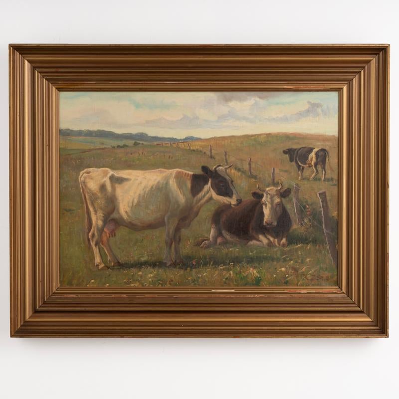 Original oil on canvas landscape painting of cows in pasture.
Artist: Poul Steffensen (1866-1923).
Signed in monogram P.ST.
Canvas in good condition, minor scuffs along edges/corners where frame touches.
Frame shows age related nicks and