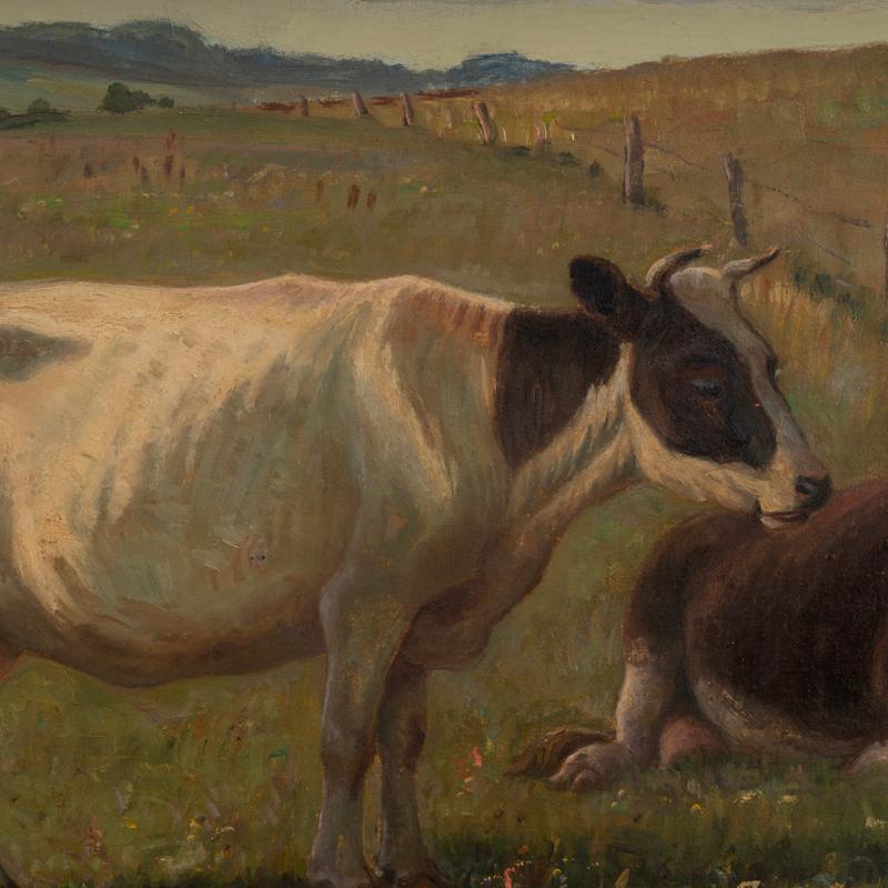 20th Century Original Oil on Canvas Painting of Cows in Pasture Signed Poul Steffensen, Denma For Sale