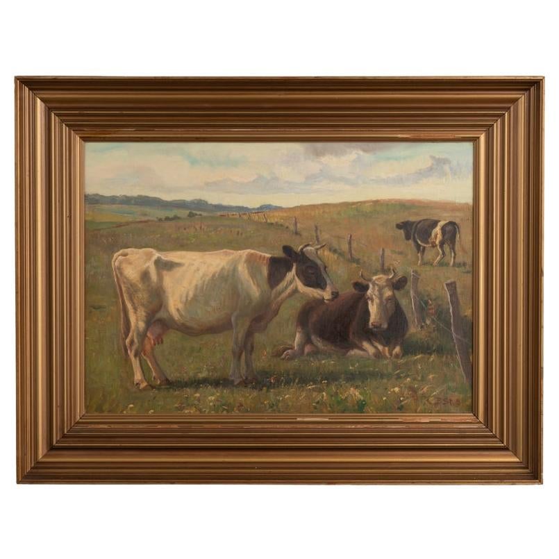 Original Oil on Canvas Painting of Cows in Pasture Signed Poul Steffensen, Denma