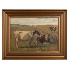 Original Oil on Canvas Painting of Cows in Pasture Signed Poul Steffensen, Denma