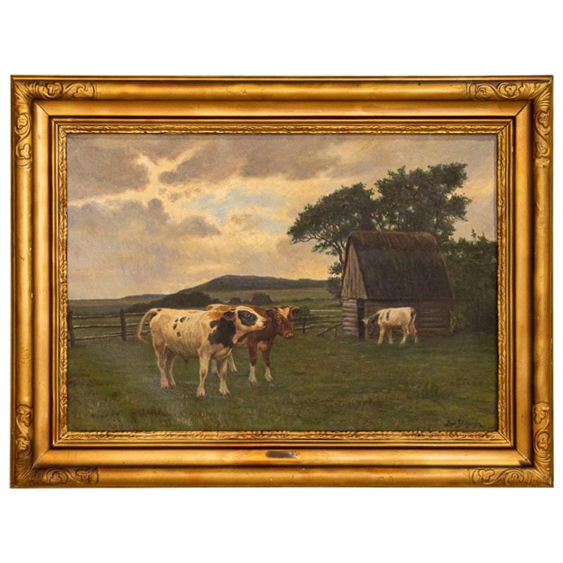 Original Oil on Canvas Painting of Cows in Pasture, Signed Poul Steffensen from