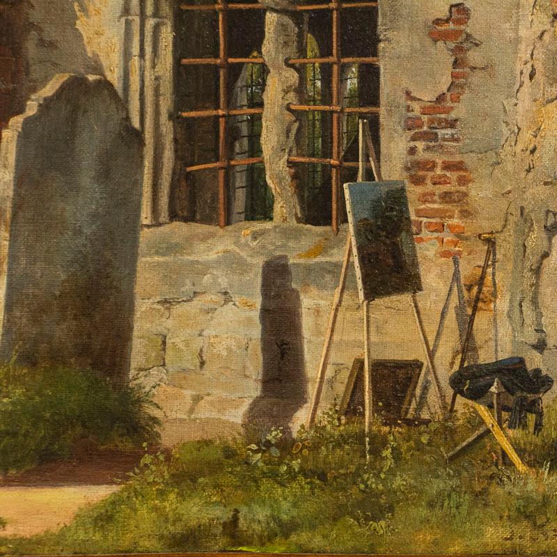 Original Oil on Canvas Painting of Exterior with Easel Signed Isidor Kahcker In Good Condition For Sale In Round Top, TX