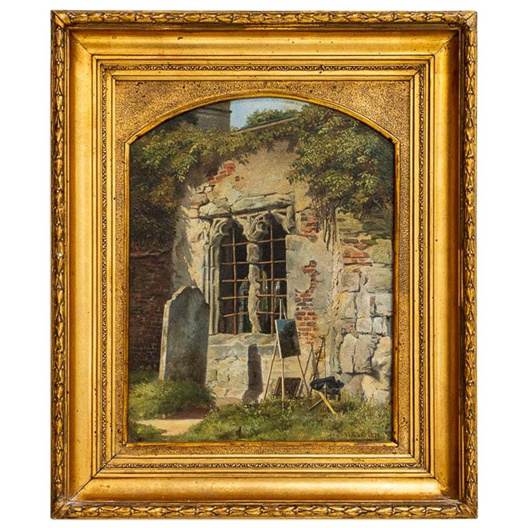 Original Oil on Canvas Painting of Exterior with Easel Signed Isidor Kahcker